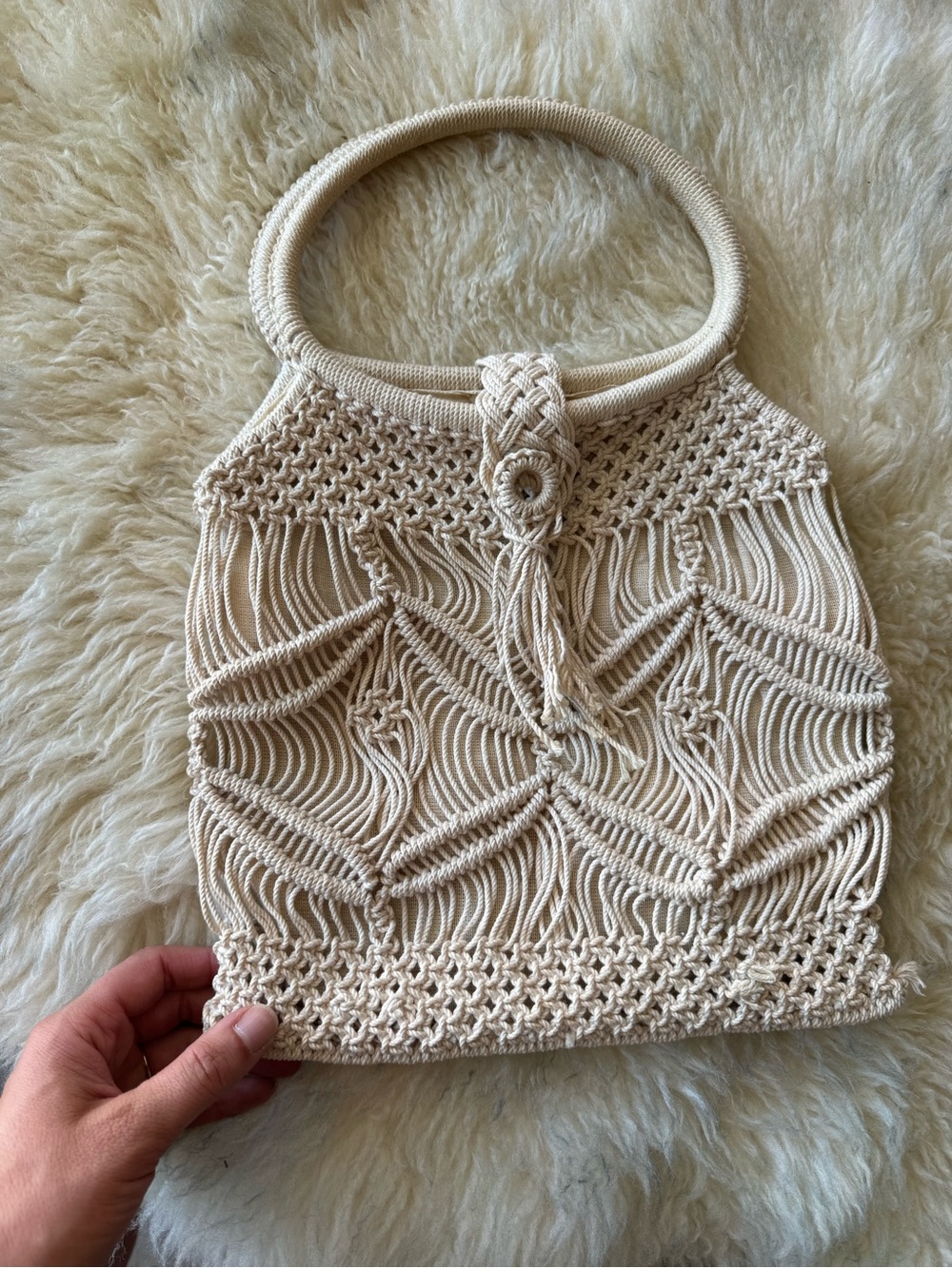 Vintage Handmade Macramé Cream Purse Handbag